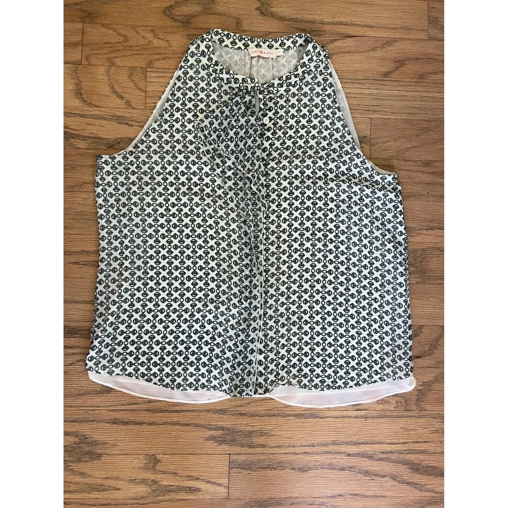 Tory Burch Silk Ruffle Sleeveless Blouse Green Cream Chain Link Print Size 14